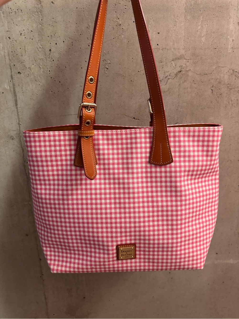 Dooney & Bourke Pink Gingham Tote with Tan Leather Straps